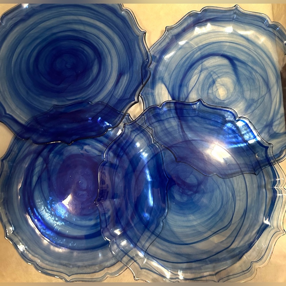 4 glass plates, blue swirl, made in Turkey by Arda Cam. 10.5”
